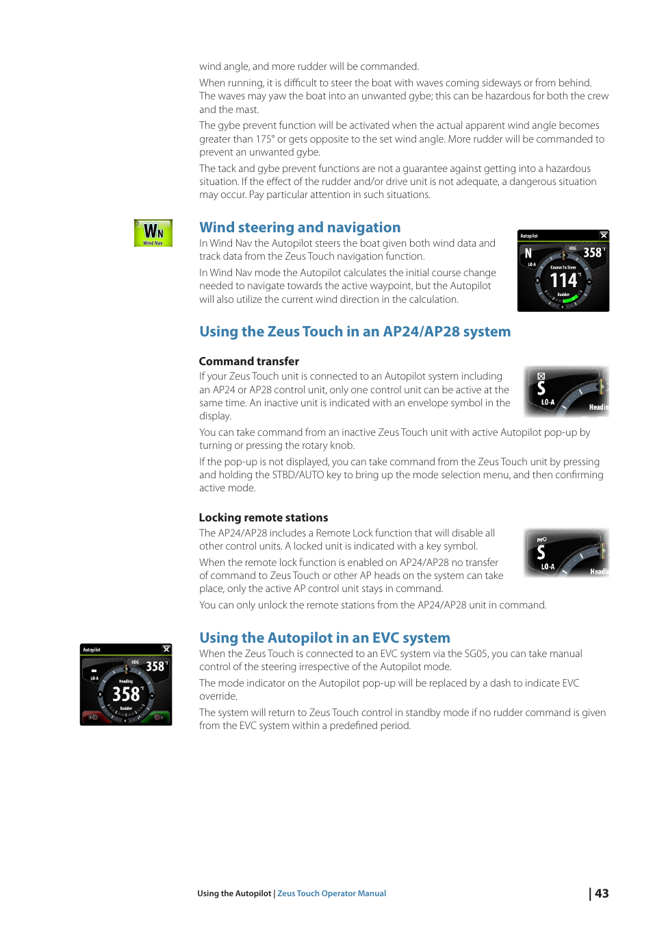 Wind steering and navigation, Using the zeus touch in an ap24/ap28 system, Using the autopilot in an evc system | B&G Zeus Touch 12 User Manual | Page 44 / 115
