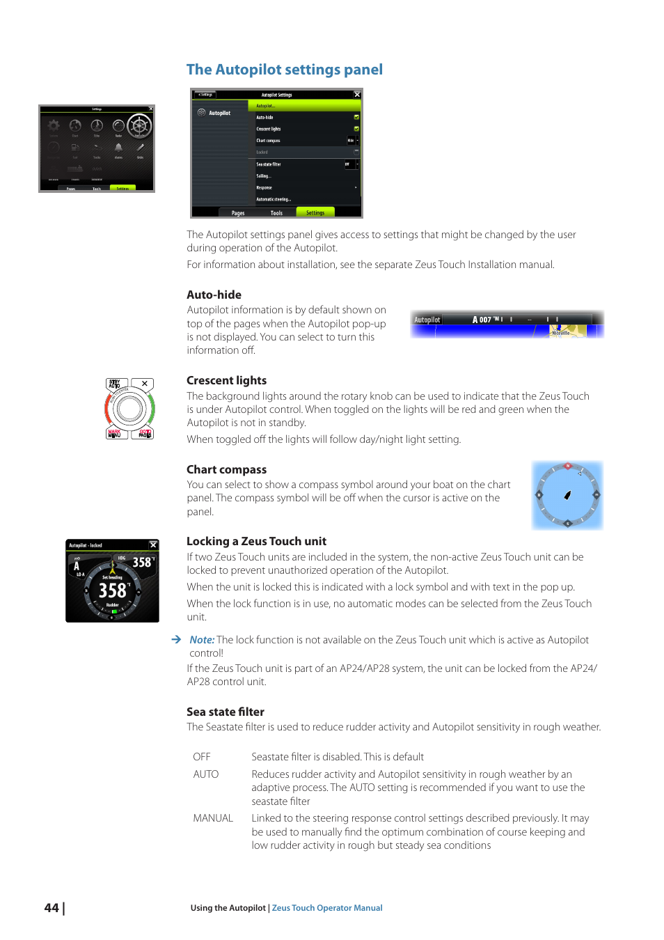 The autopilot settings panel, Auto-hide, Crescent lights | Chart compass, Locking a zeus touch unit, Sea state filter | B&G Zeus Touch 12 User Manual | Page 45 / 115