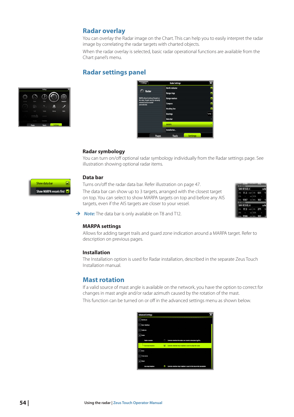 Radar overlay, Radar settings panel, Mast rotation | B&G Zeus Touch 12 User Manual | Page 55 / 115