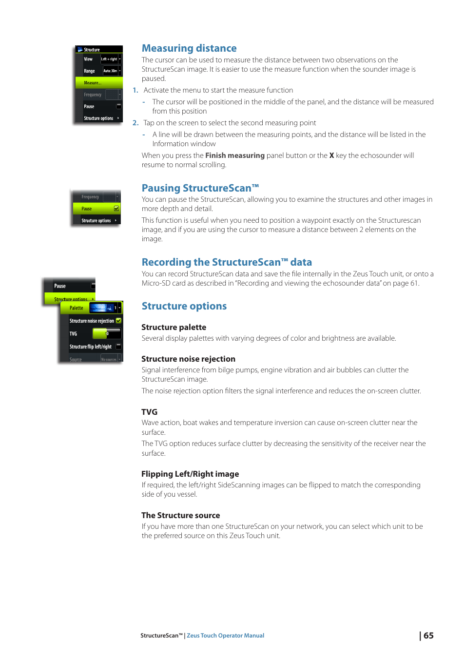 Measuring distance, Pausing structurescan, Recording the structurescan™ data | Structure options | B&G Zeus Touch 12 User Manual | Page 66 / 115