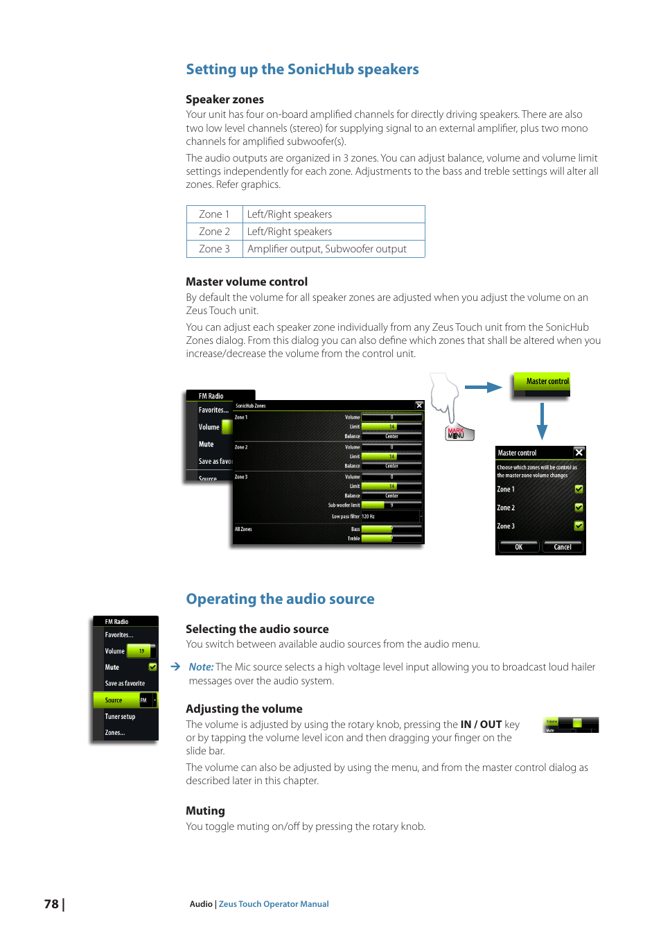 Setting up the sonichub speakers, Operating the audio source | B&G Zeus Touch 12 User Manual | Page 79 / 115
