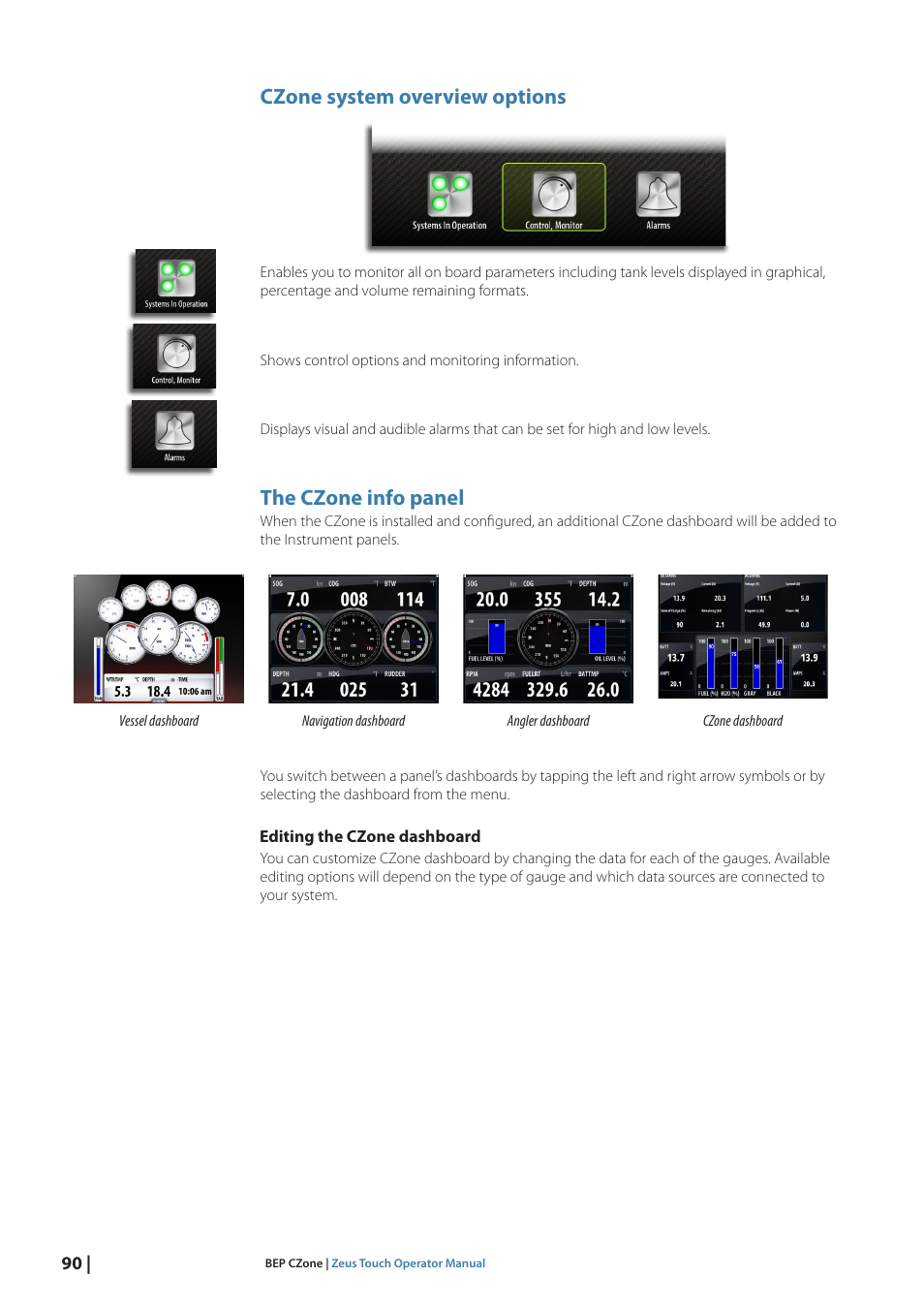 Czone system overview options, The czone info panel | B&G Zeus Touch 12 User Manual | Page 91 / 115