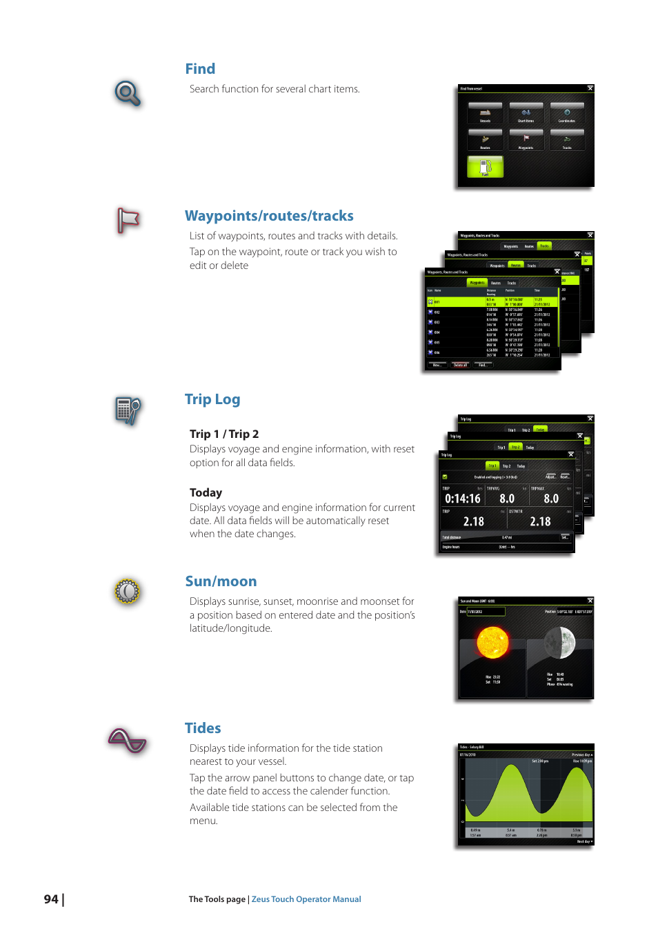 Find, Waypoints/routes/tracks, Trip log | Sun/moon, Tides | B&G Zeus Touch 12 User Manual | Page 95 / 115