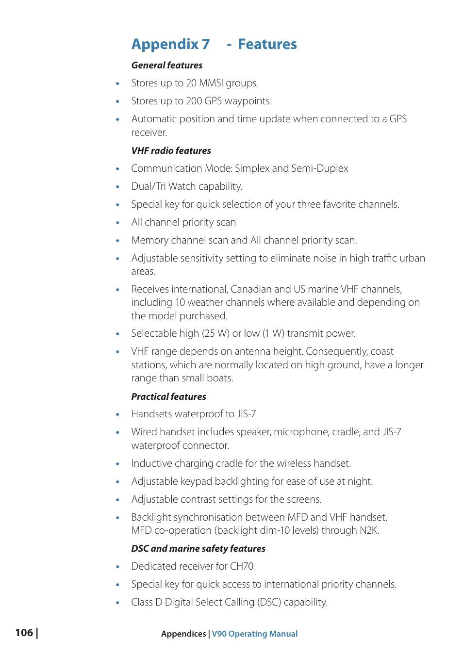 Appendix 7 - features | B&G V90 VHF Radio User Manual | Page 106 / 129