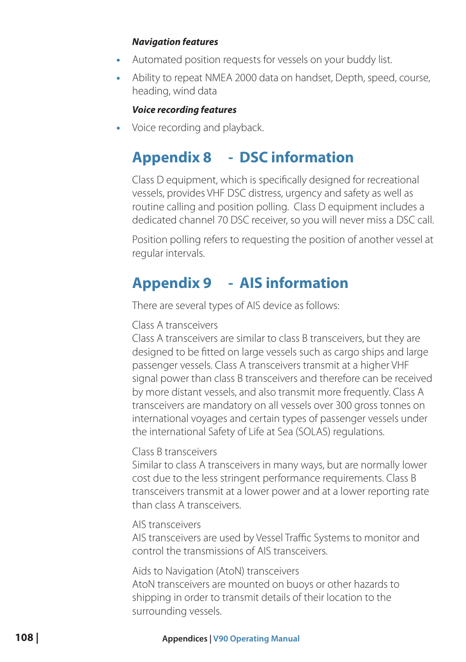 Appendix 8 - dsc information, Appendix 9 - ais information | B&G V90 VHF Radio User Manual | Page 108 / 129