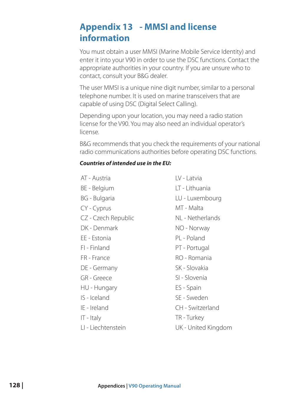 Appendix 13 - mmsi and license information | B&G V90 VHF Radio User Manual | Page 128 / 129