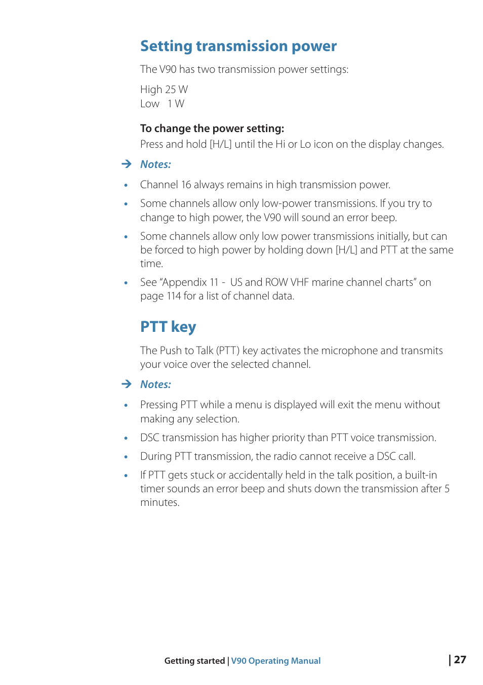 Setting transmission power, Ptt key | B&G V90 VHF Radio User Manual | Page 27 / 129