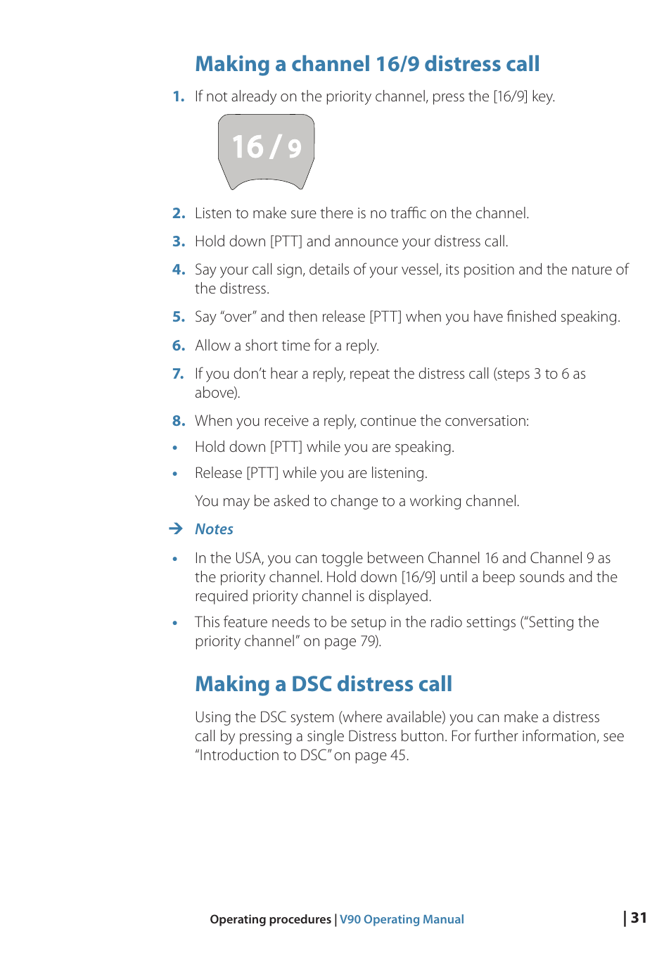 Making a channel 16/9 distress call, Making a dsc distress call | B&G V90 VHF Radio User Manual | Page 31 / 129