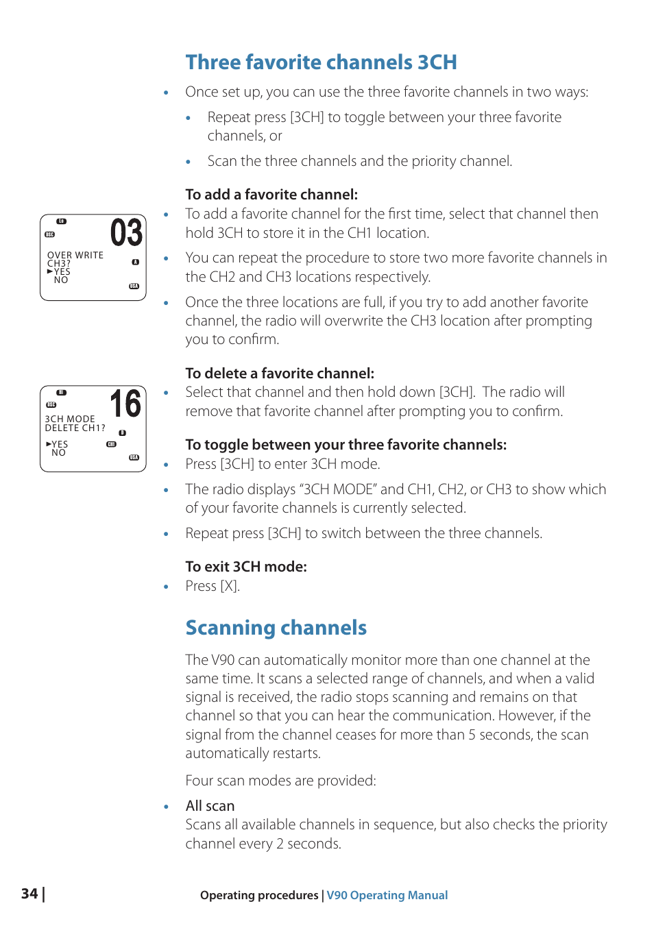 Three favorite channels 3ch, Scanning channels | B&G V90 VHF Radio User Manual | Page 34 / 129