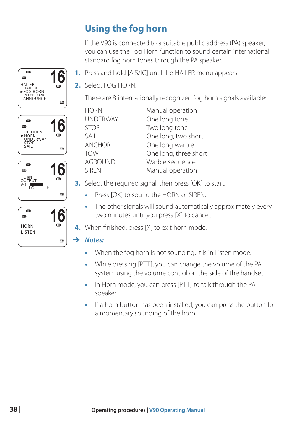 Using the fog horn | B&G V90 VHF Radio User Manual | Page 38 / 129