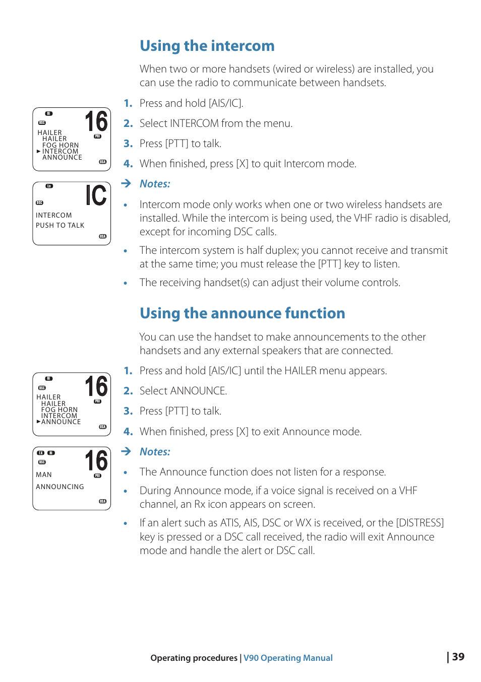 Using the intercom, Using the announce function | B&G V90 VHF Radio User Manual | Page 39 / 129