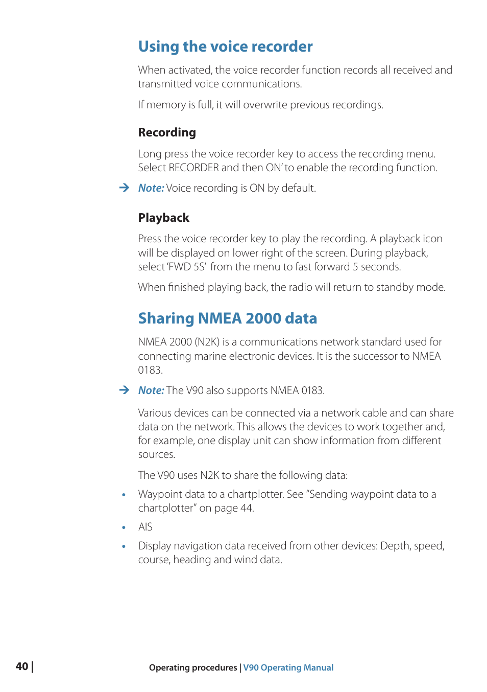 Using the voice recorder, Sharing nmea 2000 data | B&G V90 VHF Radio User Manual | Page 40 / 129