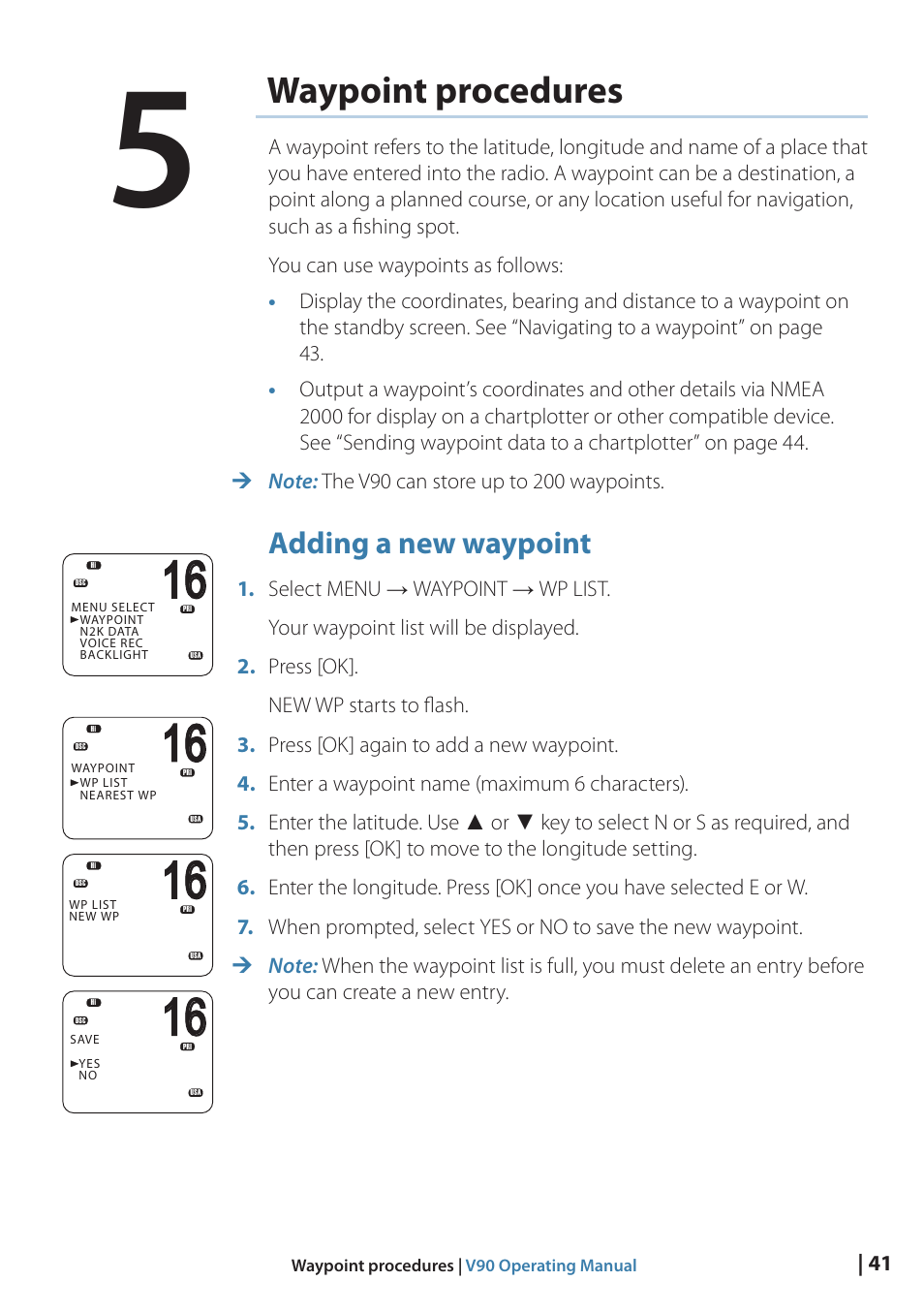 Waypoint procedures, Adding a new waypoint | B&G V90 VHF Radio User Manual | Page 41 / 129