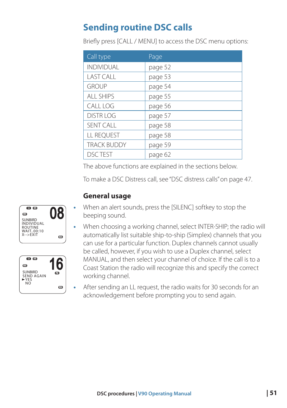 Sending routine dsc calls, General usage | B&G V90 VHF Radio User Manual | Page 51 / 129