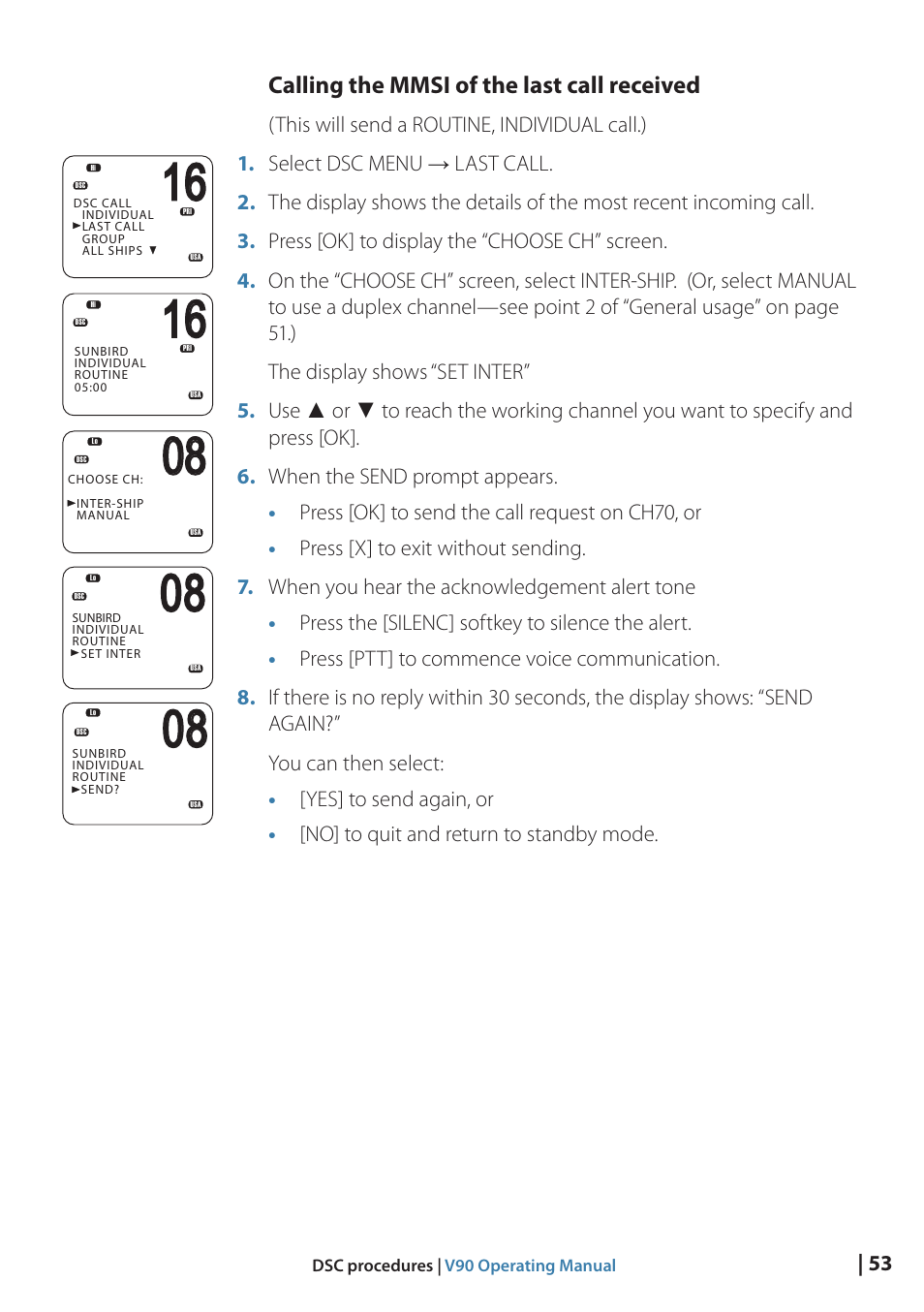 Calling the mmsi of the last call received | B&G V90 VHF Radio User Manual | Page 53 / 129