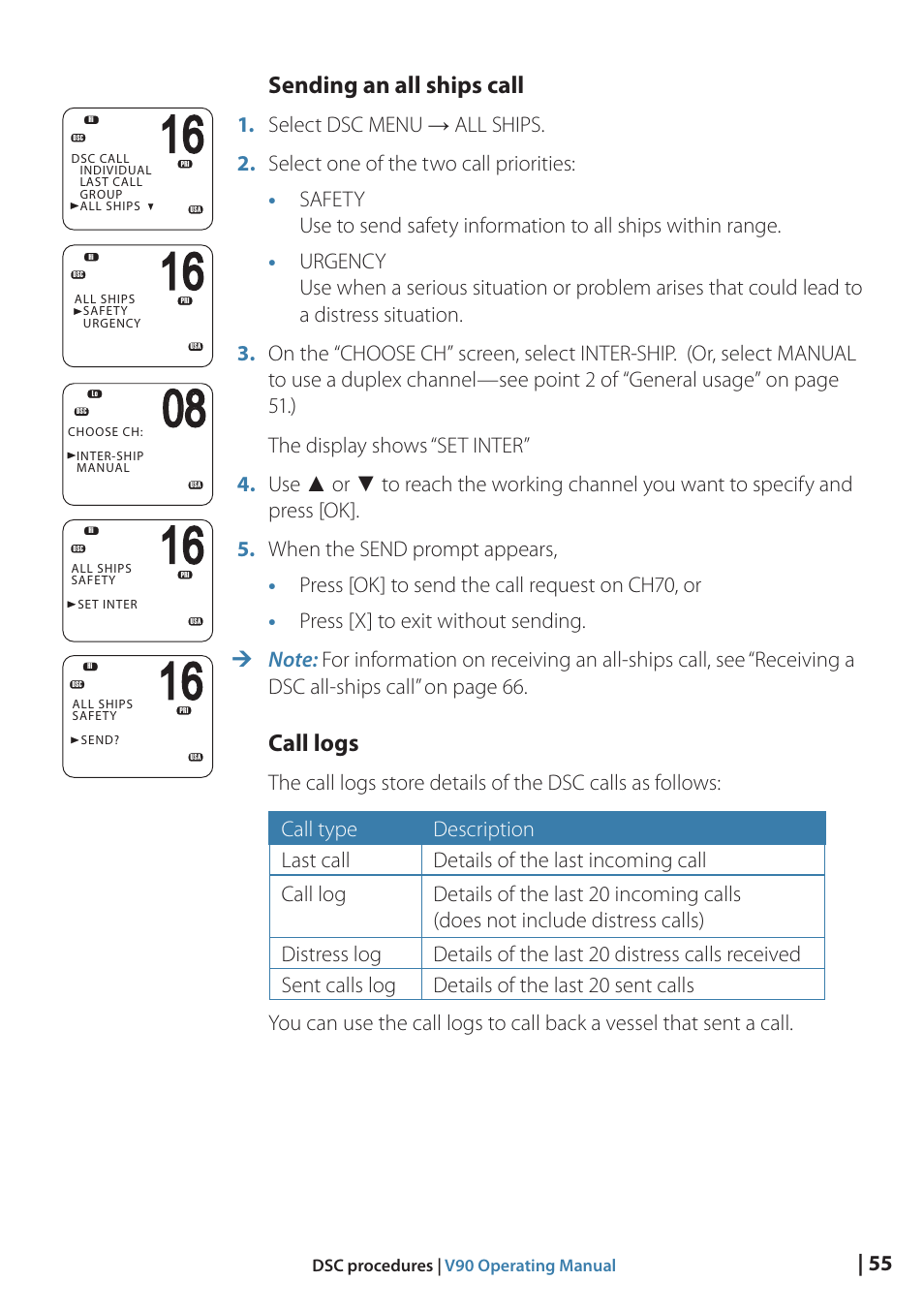 Sending an all ships call, Call logs | B&G V90 VHF Radio User Manual | Page 55 / 129