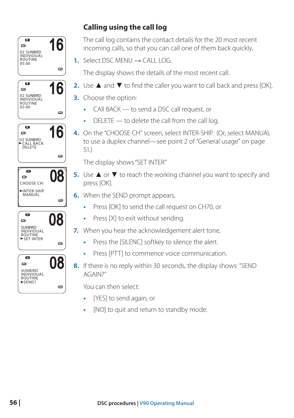 Calling using the call log | B&G V90 VHF Radio User Manual | Page 56 / 129