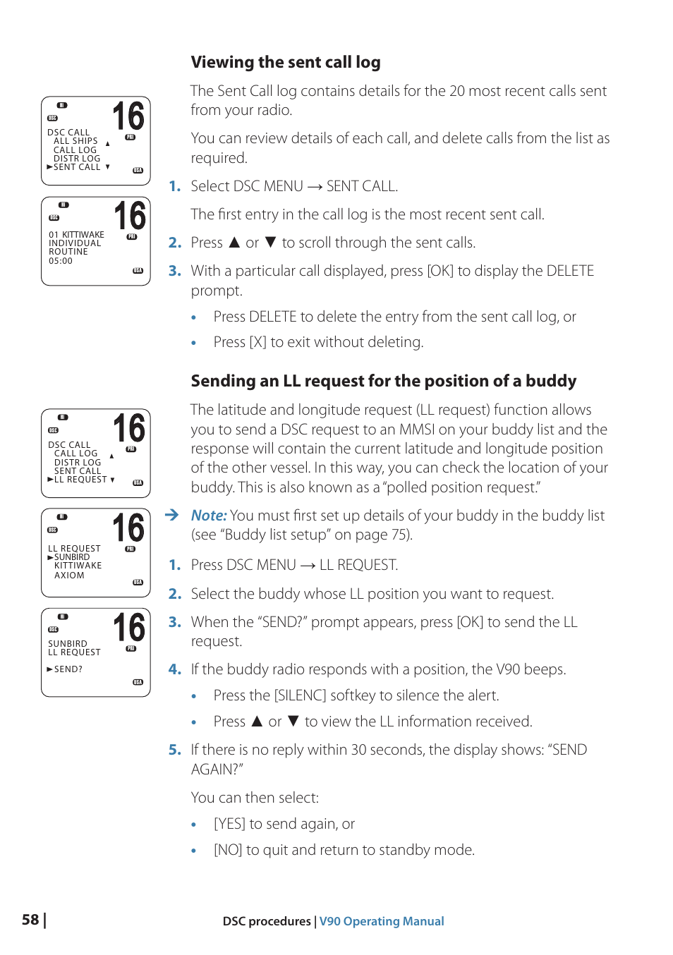 Viewing the sent call log, Sending an ll request for the position of a buddy | B&G V90 VHF Radio User Manual | Page 58 / 129