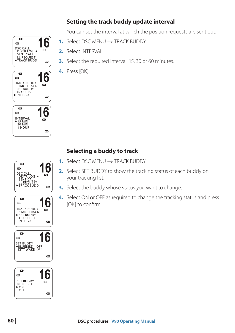 Setting the track buddy update interval, Selecting a buddy to track | B&G V90 VHF Radio User Manual | Page 60 / 129