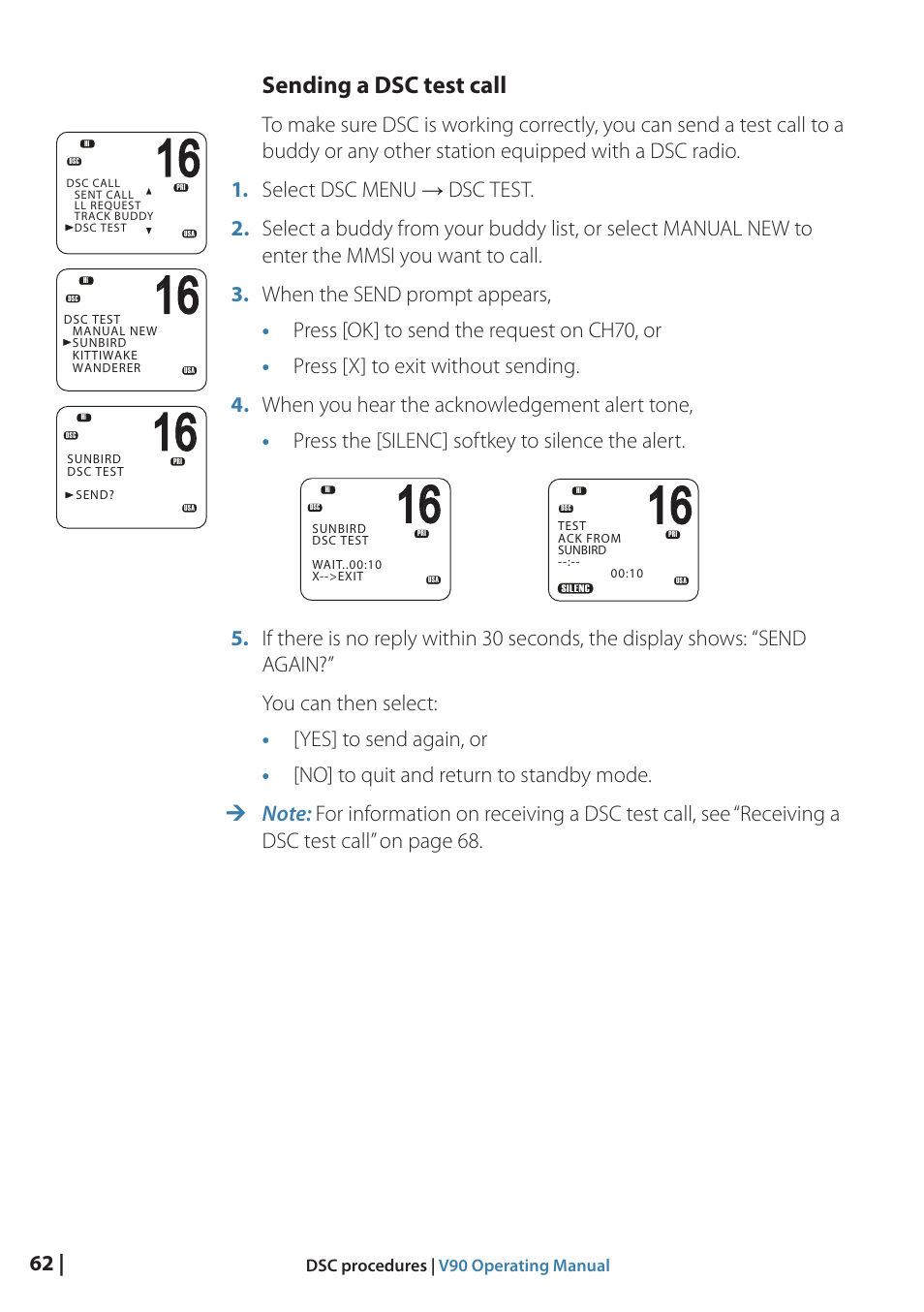 Sending a dsc test call | B&G V90 VHF Radio User Manual | Page 62 / 129