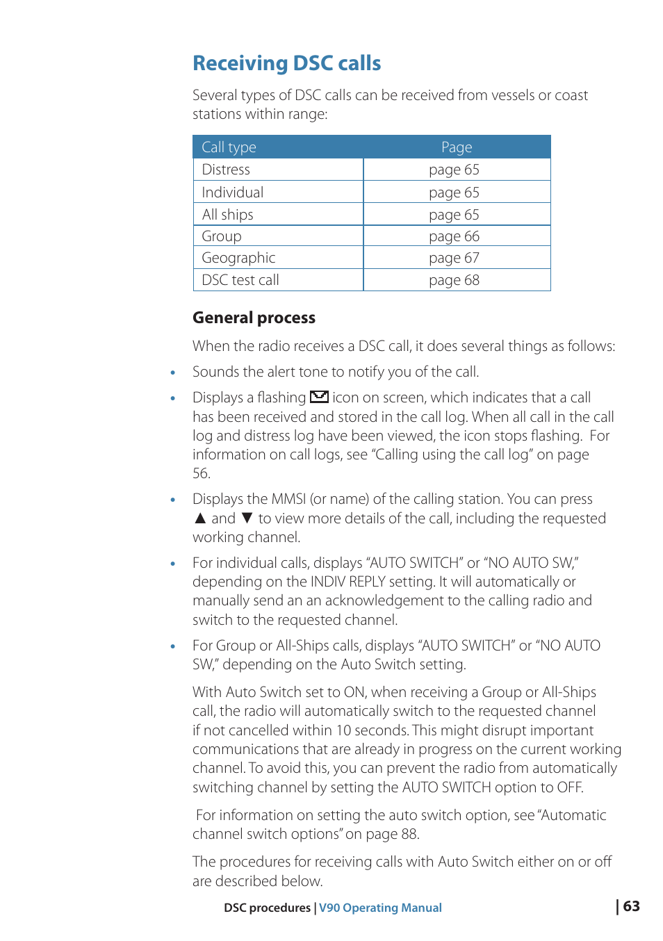 Receiving dsc calls | B&G V90 VHF Radio User Manual | Page 63 / 129