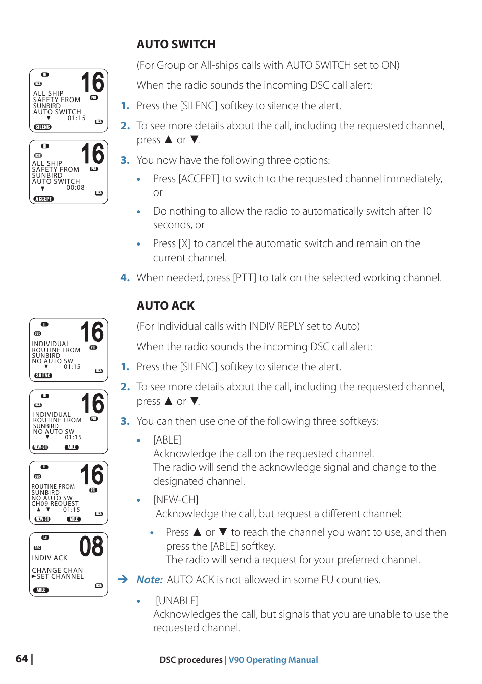 Auto switch, Auto ack | B&G V90 VHF Radio User Manual | Page 64 / 129