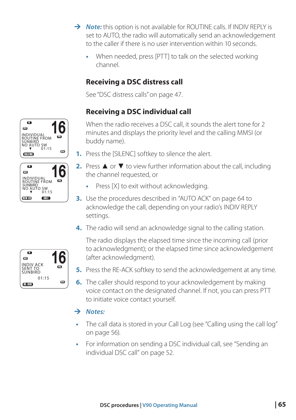 Receiving a dsc distress call, Receiving a dsc individual call, S ee “dsc distress calls” on page 47 | B&G V90 VHF Radio User Manual | Page 65 / 129