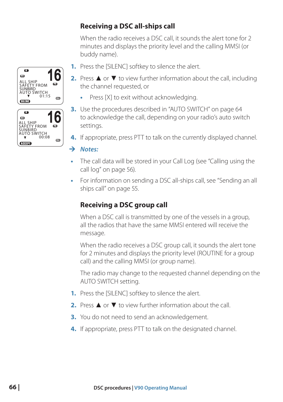 Receiving a dsc all-ships call, Receiving a dsc group call | B&G V90 VHF Radio User Manual | Page 66 / 129