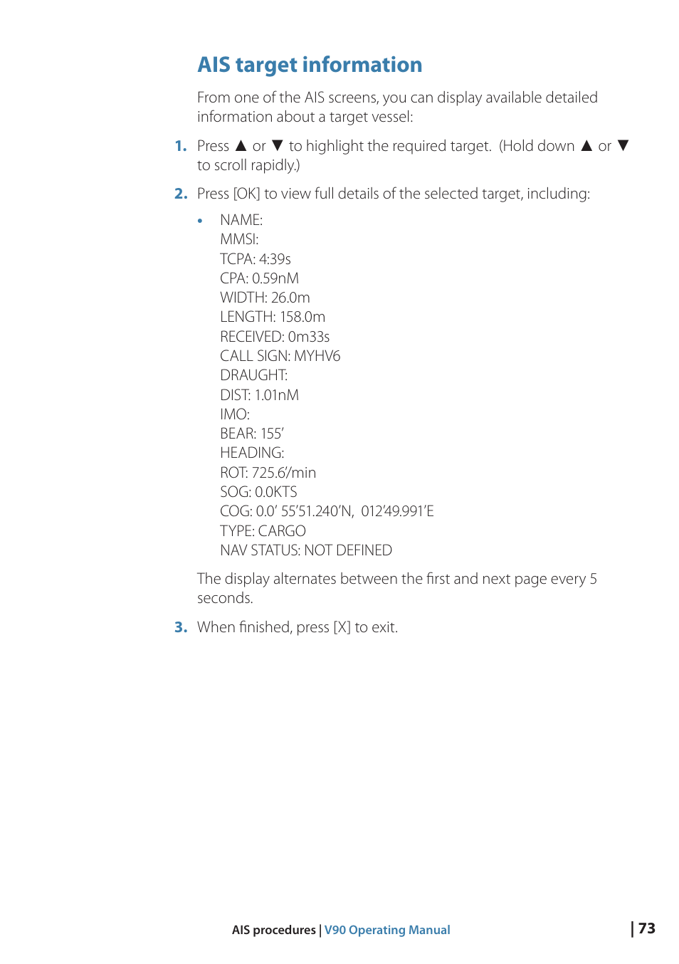 Ais target information | B&G V90 VHF Radio User Manual | Page 73 / 129