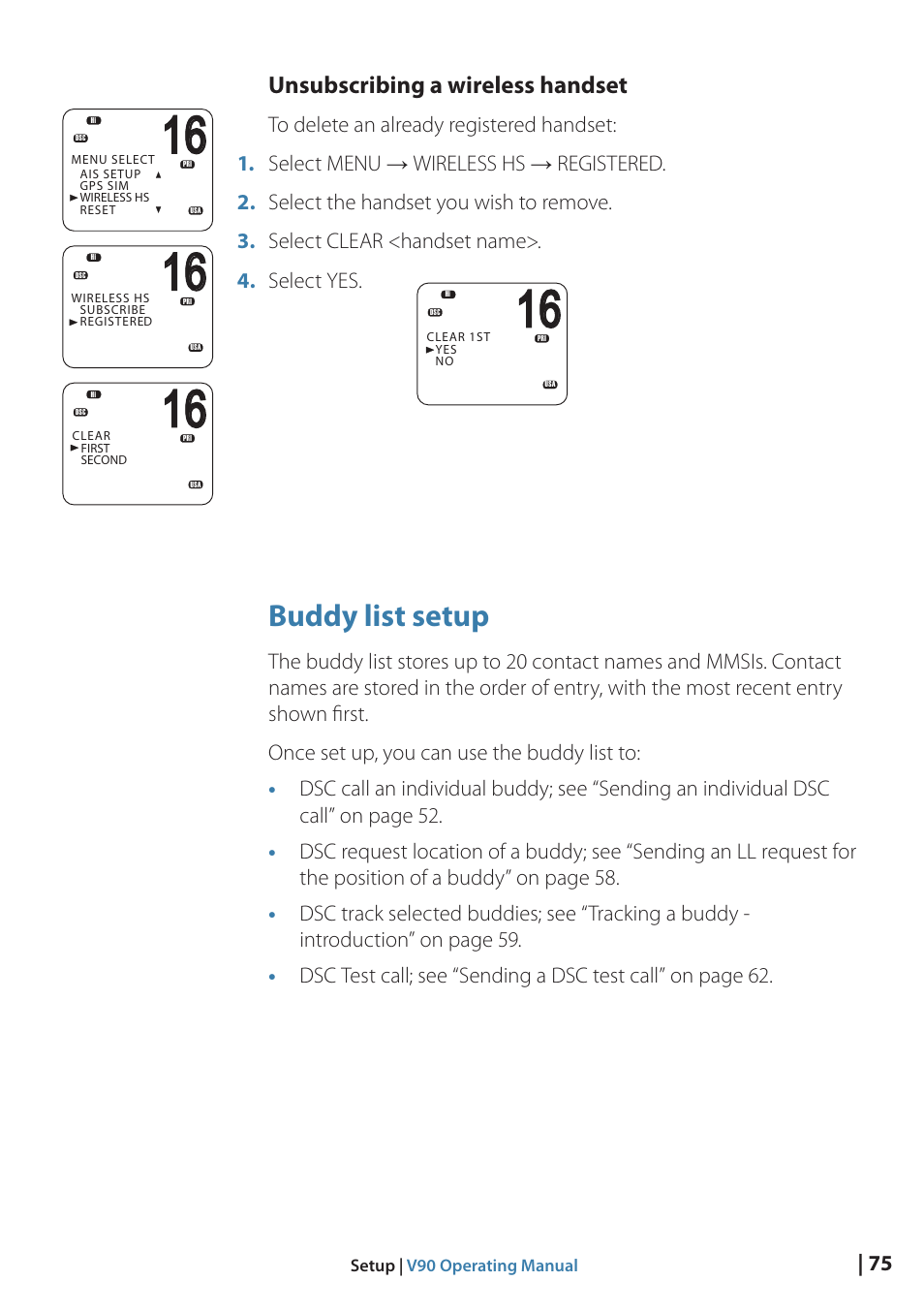 Buddy list setup, Unsubscribing a wireless handset | B&G V90 VHF Radio User Manual | Page 75 / 129