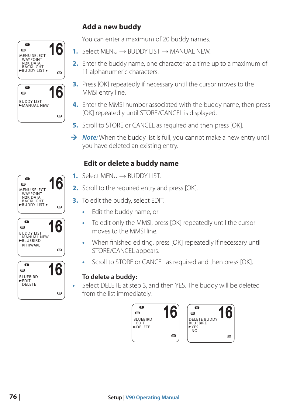 Add a new buddy, Edit or delete a buddy name | B&G V90 VHF Radio User Manual | Page 76 / 129