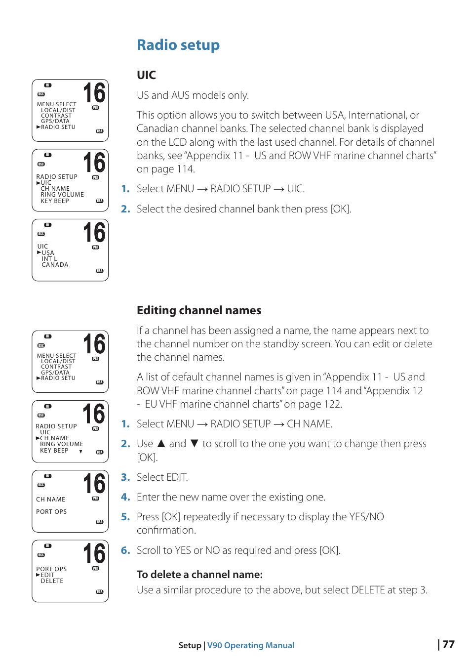 Radio setup, Editing channel names | B&G V90 VHF Radio User Manual | Page 77 / 129