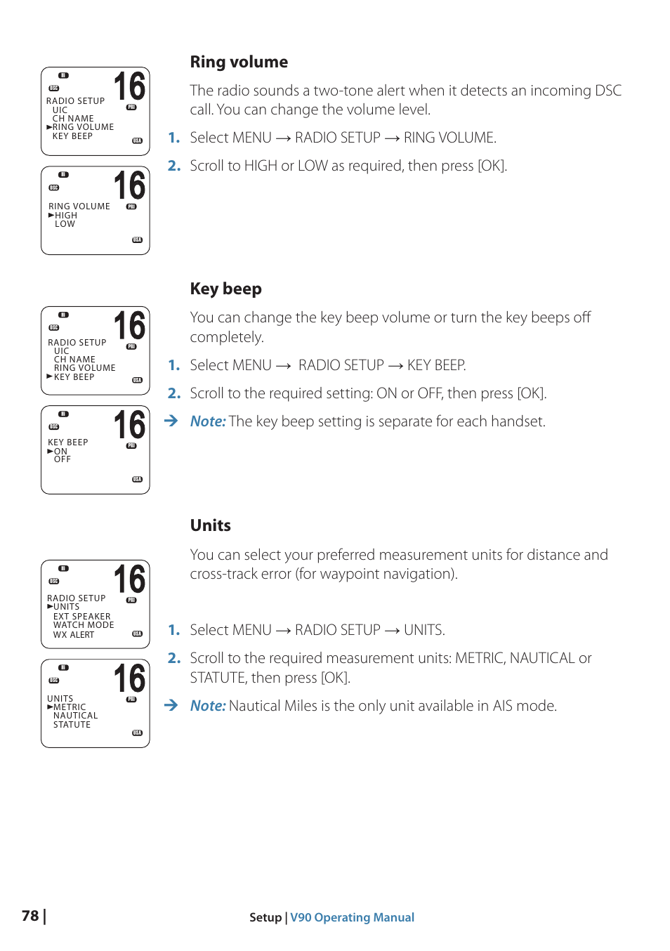 Ring volume, Key beep, Units | B&G V90 VHF Radio User Manual | Page 78 / 129