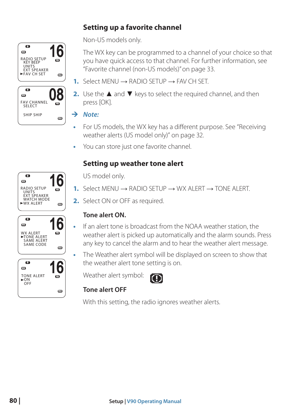 Setting up a favorite channel, Setting up weather tone alert | B&G V90 VHF Radio User Manual | Page 80 / 129