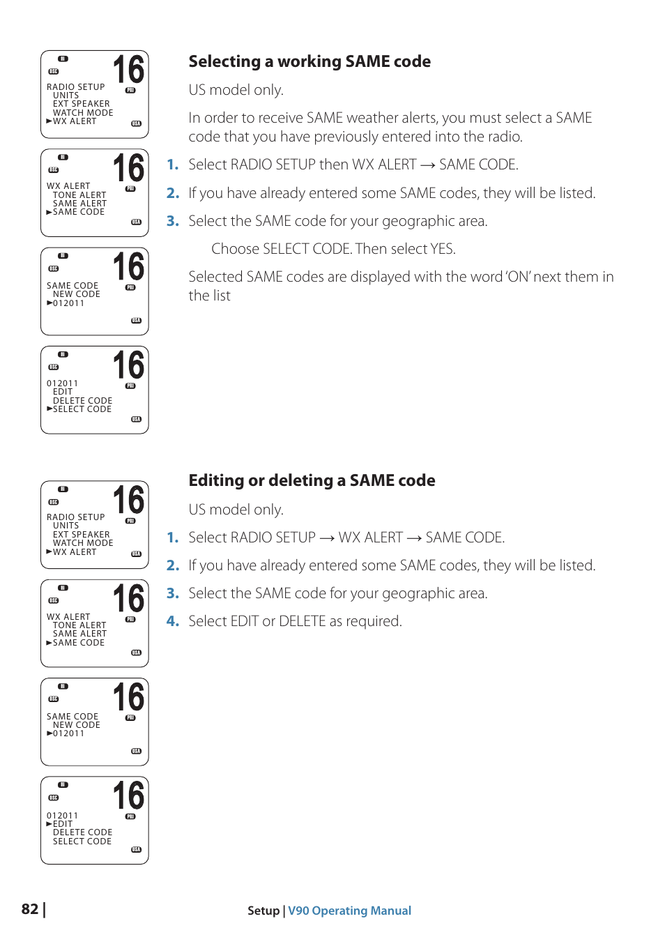 Selecting a working same code, Editing or deleting a same code | B&G V90 VHF Radio User Manual | Page 82 / 129