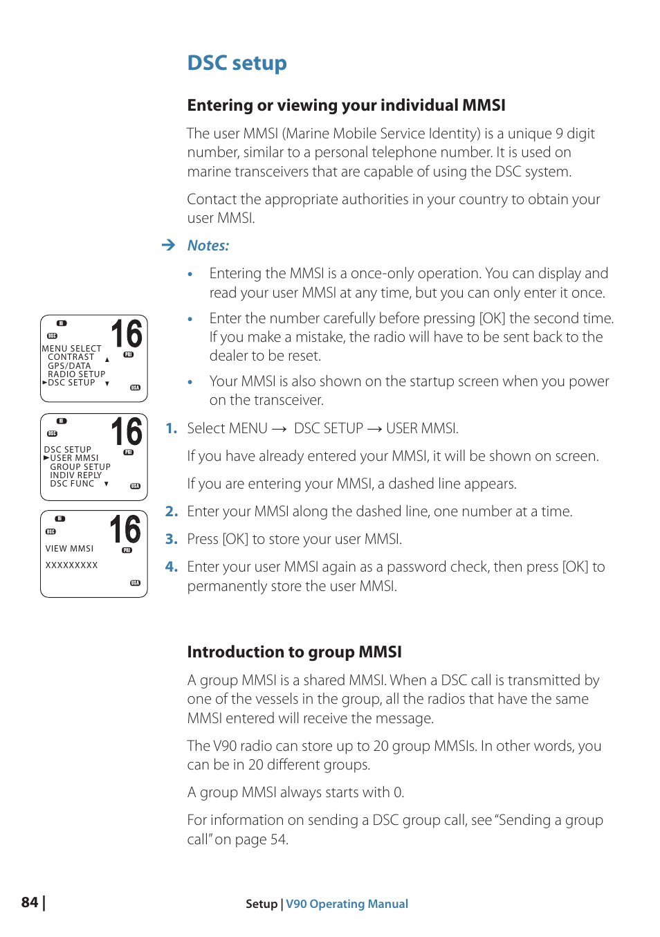 Dsc setup, Entering or viewing your individual mmsi, Introduction to group mmsi | B&G V90 VHF Radio User Manual | Page 84 / 129