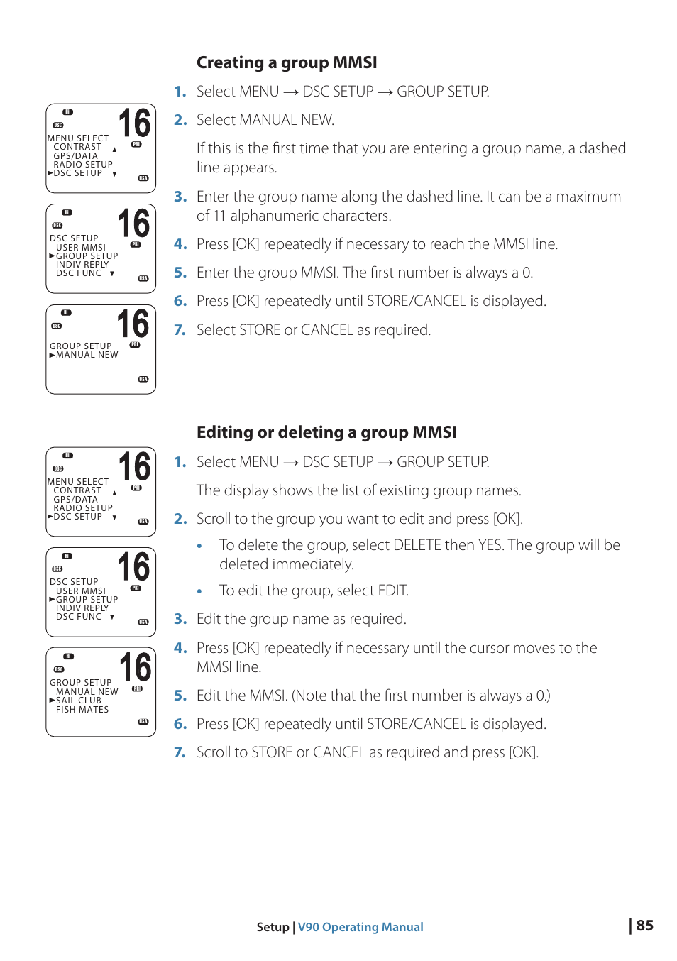 Creating a group mmsi, Editing or deleting a group mmsi | B&G V90 VHF Radio User Manual | Page 85 / 129