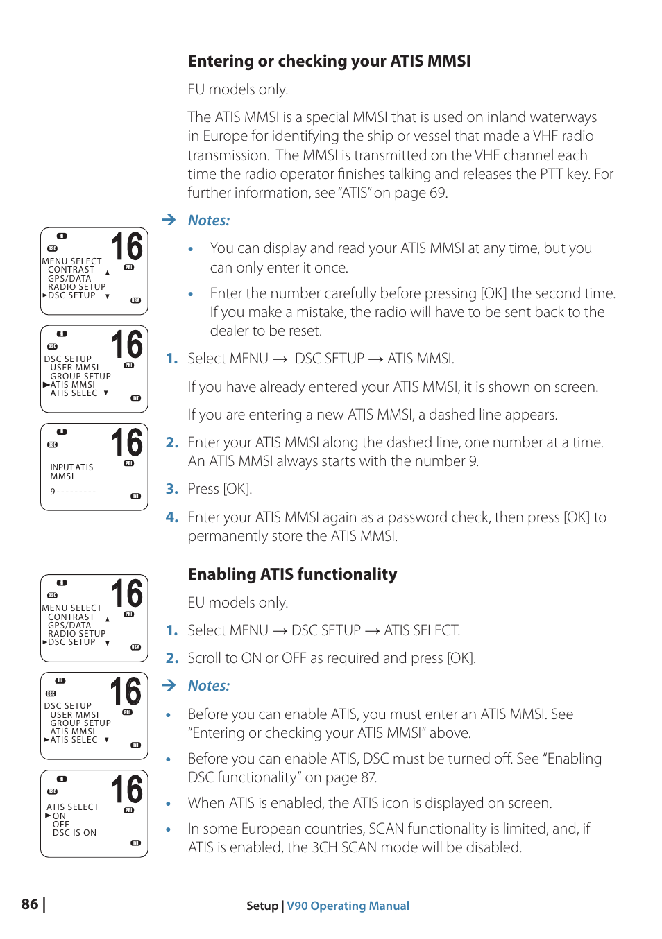 Entering or checking your atis mmsi, Enabling atis functionality | B&G V90 VHF Radio User Manual | Page 86 / 129