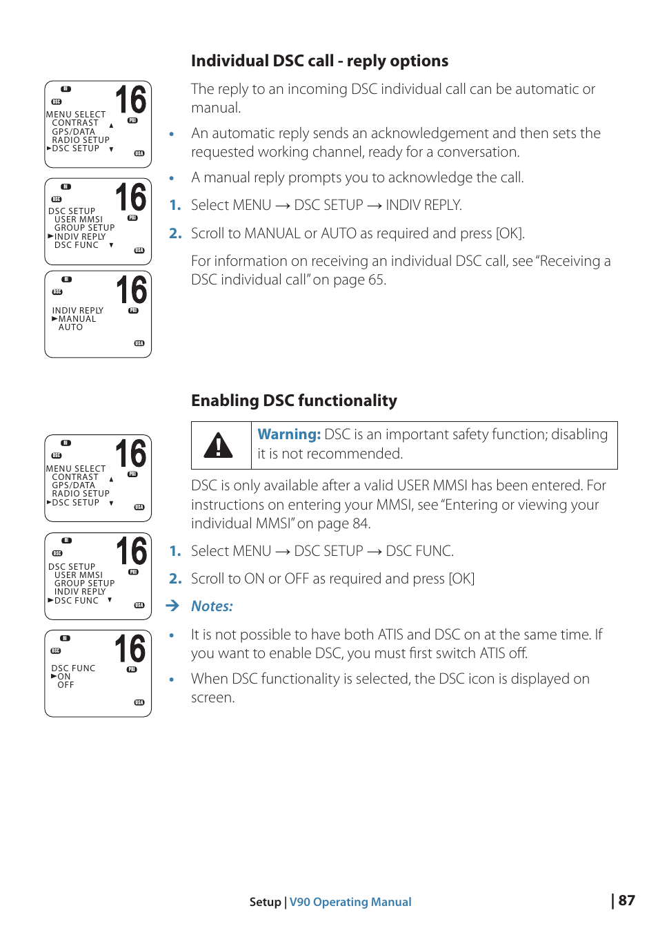 Individual dsc call - reply options, Enabling dsc functionality | B&G V90 VHF Radio User Manual | Page 87 / 129