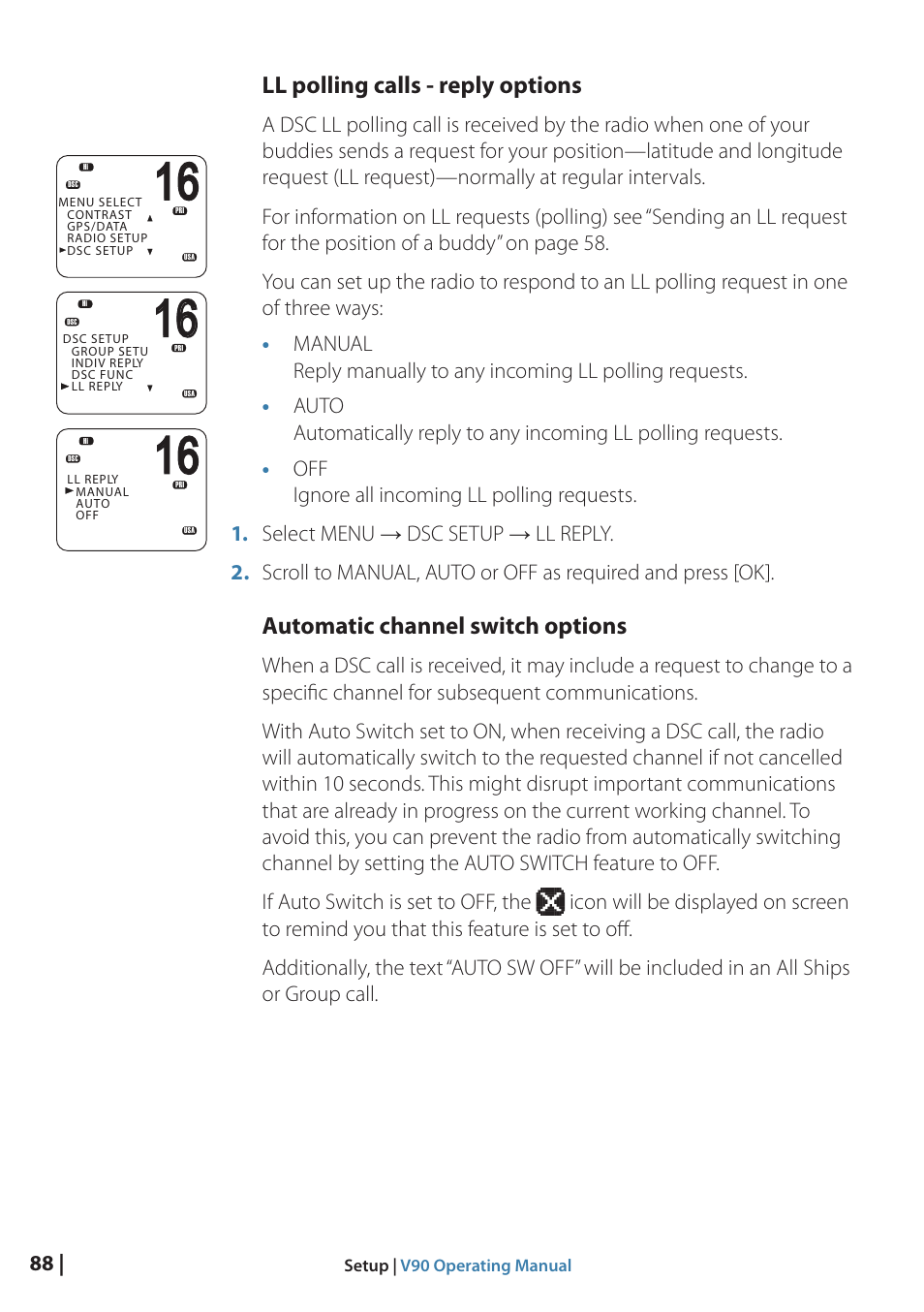 Ll polling calls - reply options, Automatic channel switch options | B&G V90 VHF Radio User Manual | Page 88 / 129