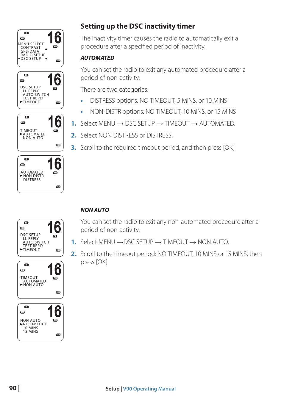 Setting up the dsc inactivity timer, Automated, Non auto | B&G V90 VHF Radio User Manual | Page 90 / 129