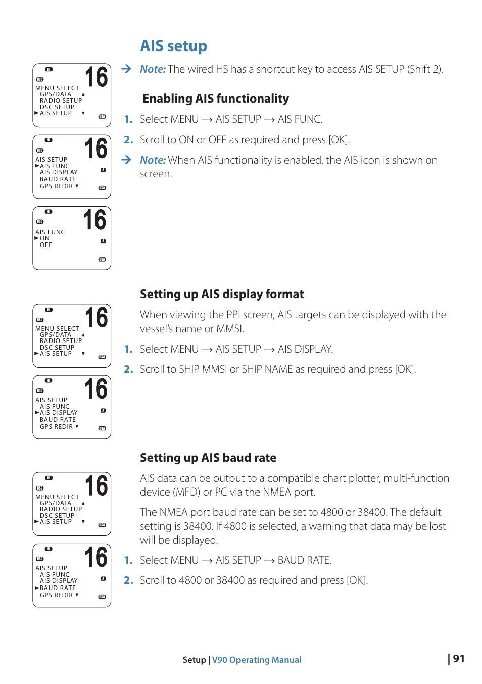 Ais setup, Enabling ais functionality, Setting up ais display format | Setting up ais baud rate | B&G V90 VHF Radio User Manual | Page 91 / 129