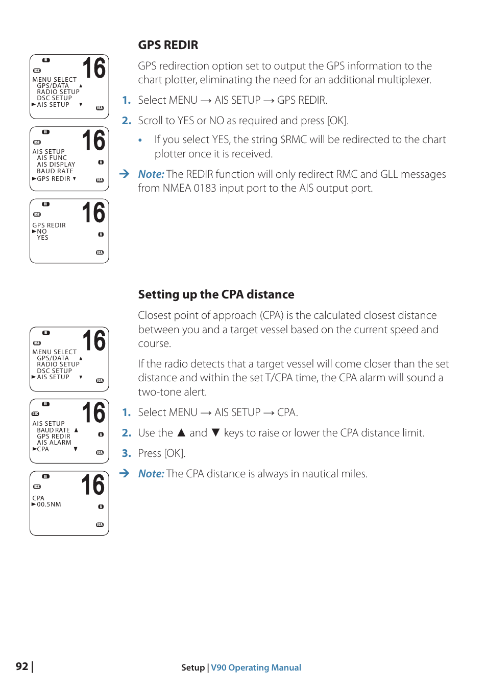 Gps redir, Setting up the cpa distance | B&G V90 VHF Radio User Manual | Page 92 / 129