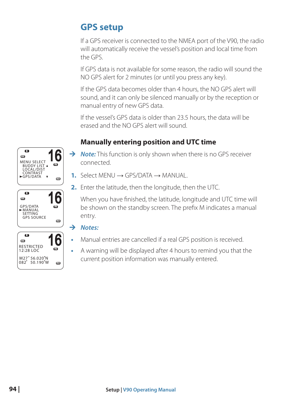 Gps setup, Manually entering position and utc time | B&G V90 VHF Radio User Manual | Page 94 / 129