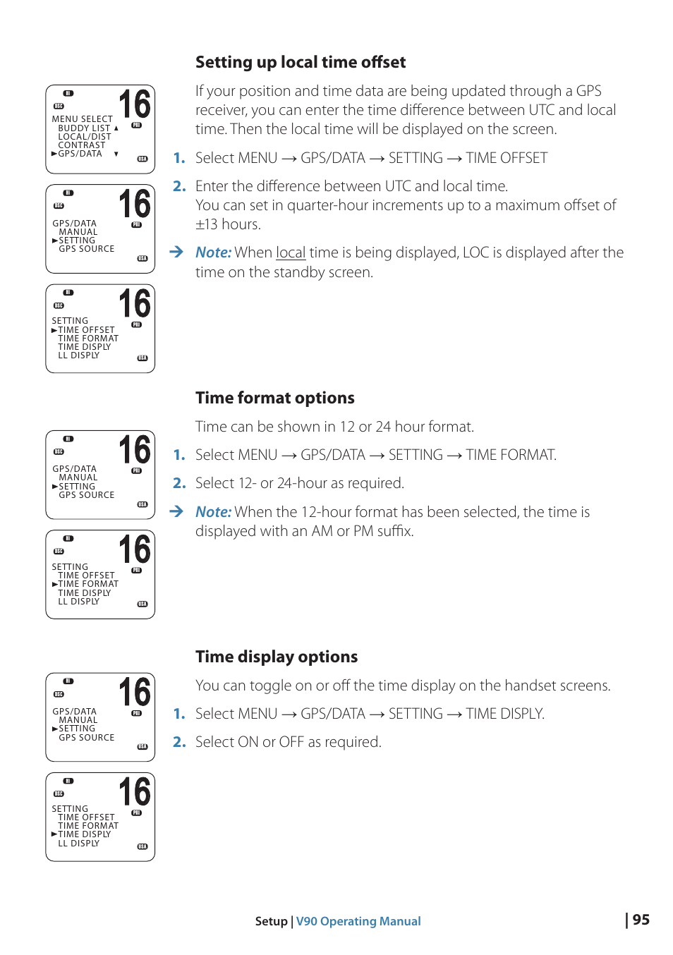 Setting up local time offset, Time format options, Time display options | B&G V90 VHF Radio User Manual | Page 95 / 129