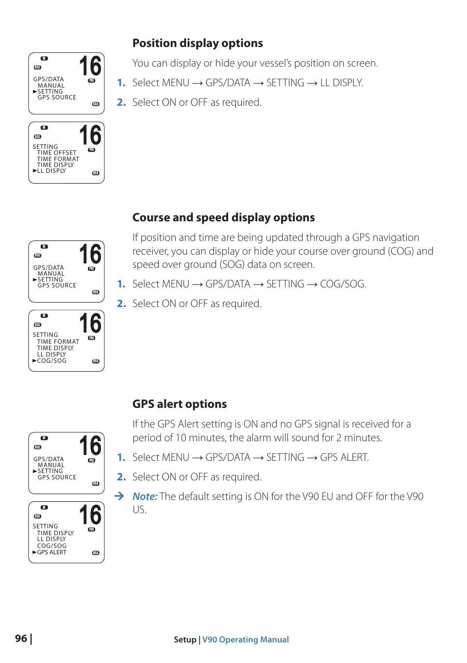 Position display options, Course and speed display options, Gps alert options | B&G V90 VHF Radio User Manual | Page 96 / 129