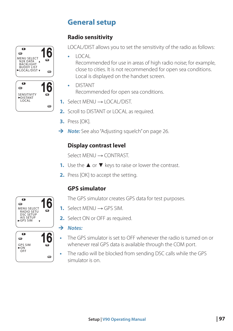 General setup, Radio sensitivity, Display contrast level | Gps simulator | B&G V90 VHF Radio User Manual | Page 97 / 129