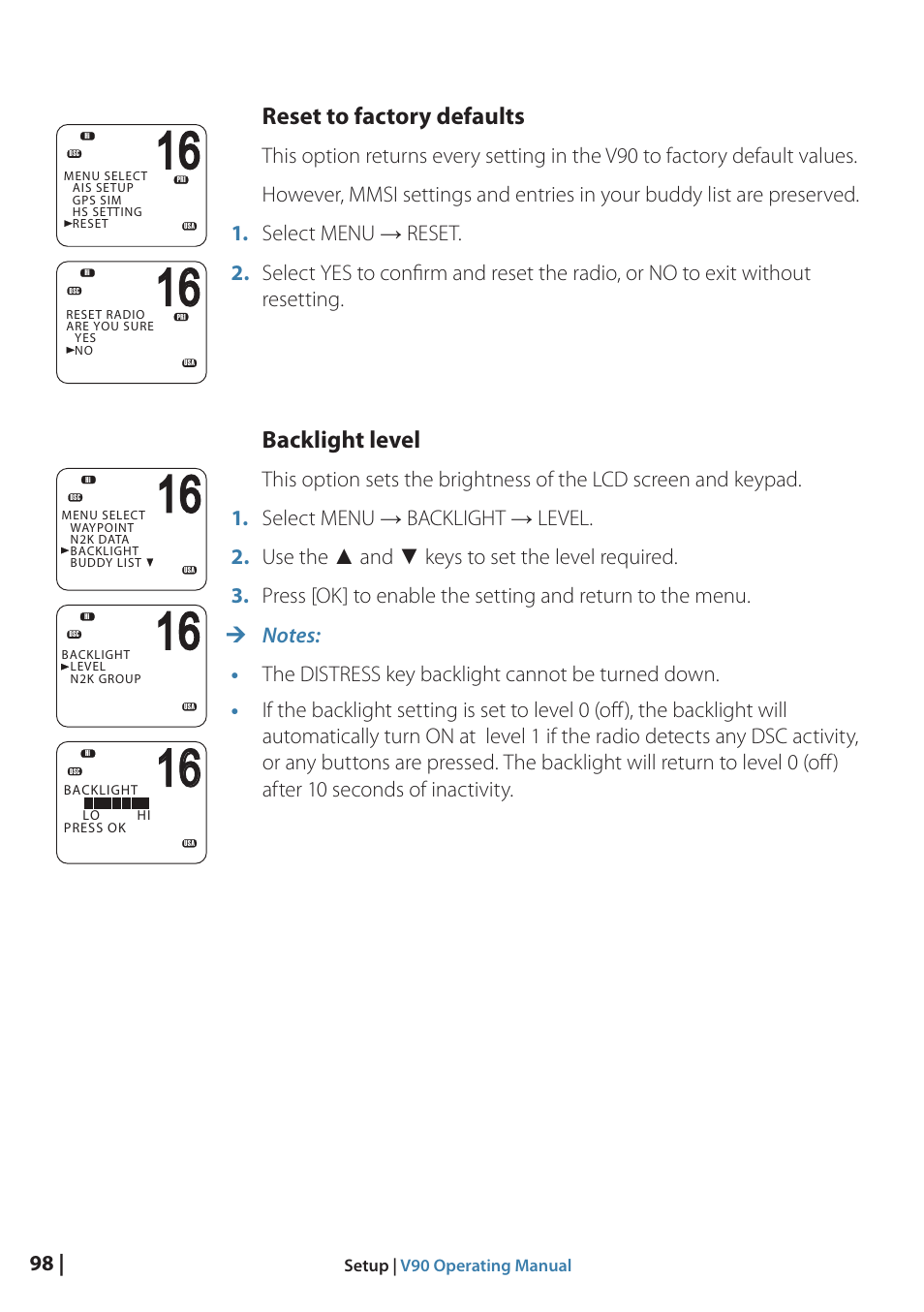 Reset to factory defaults, Backlight level | B&G V90 VHF Radio User Manual | Page 98 / 129