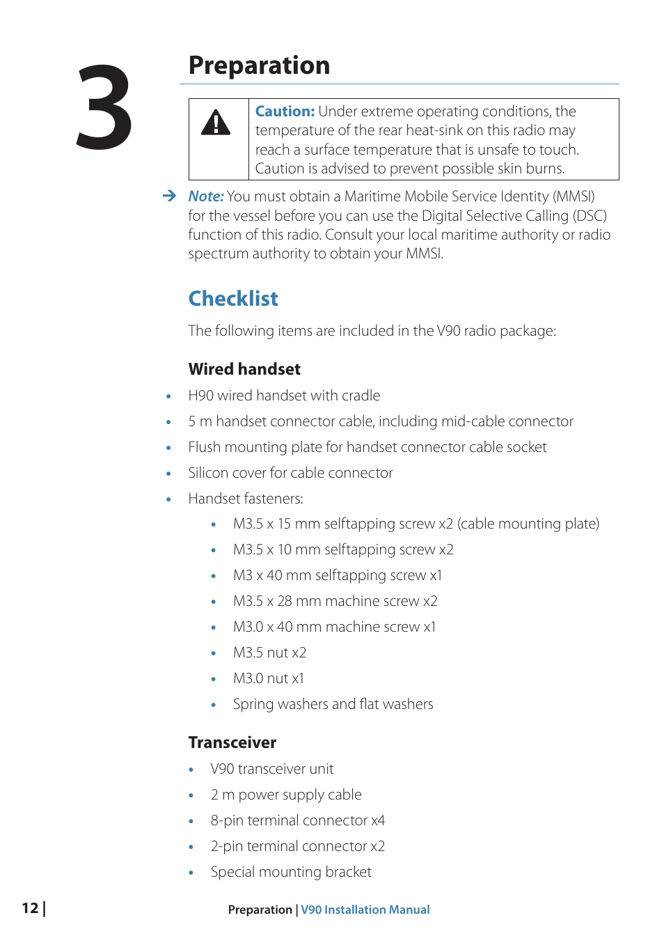 Preparation, Checklist, 12 preparation | 12 checklist | B&G V90 VHF Radio User Manual | Page 12 / 29
