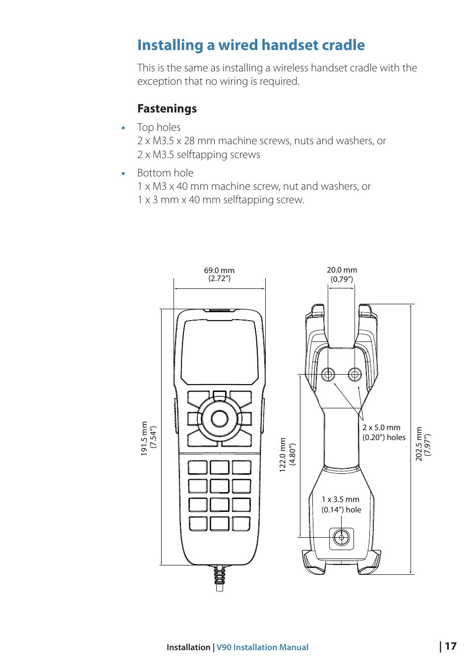 Installing a wired handset cradle, Fastenings | B&G V90 VHF Radio User Manual | Page 17 / 29